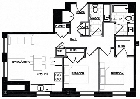 Floor plan for 2 beds, 2 baths, 890 sqft